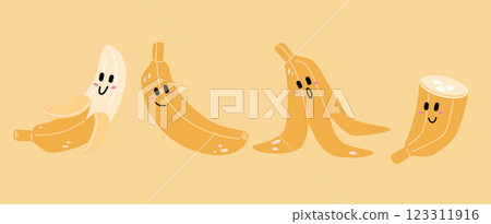 Cute kawaii banana. Bananas are placed in different positions. 123311916