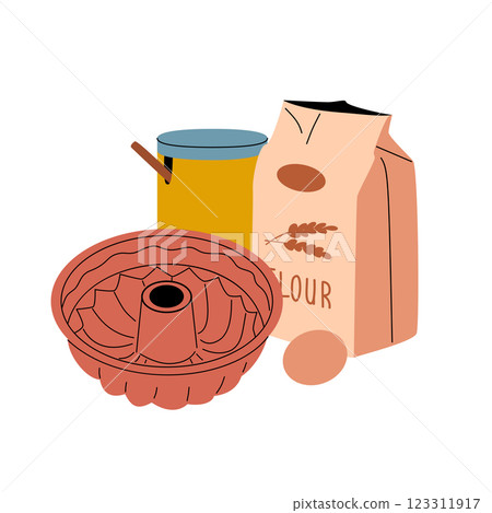 The concept of baking: flour, eggs and a baking dish. 123311917