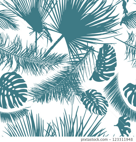 Seamless background palm leaves. Palm leaf pattern. Vector illustration. Decor element. Hand drawing. Not AI, Vector illustration 123311948
