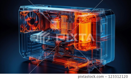 3D rendering of computer hardware unit showcasing components and cooling system 123312120