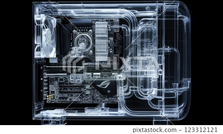 3D rendering of computer hardware unit showcasing components and cooling system 123312121