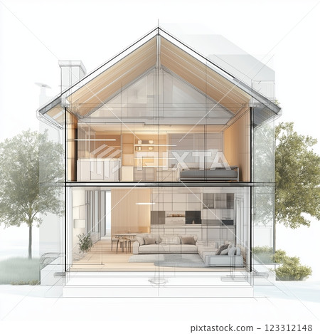 Modern glass-fronted house design merges elegance and comfort in a serene environment 123312148
