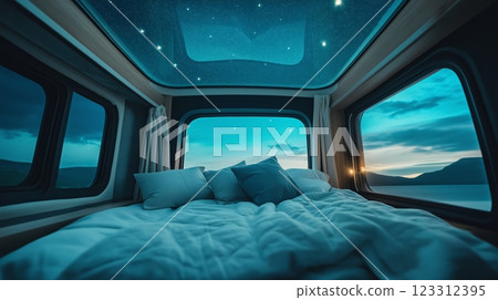 Bedroom with transparent ceiling featuring a starry night view 123312395