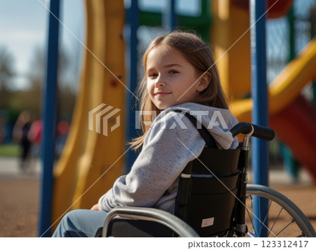 A girl with a broken leg sits in a wheelchair in front of the playground. 123312417