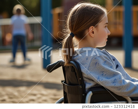 A girl with a broken leg sits in a wheelchair in front of the playground. 123312418
