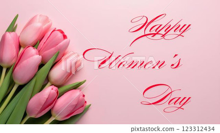 Stylish banner, greeting card with the inscription Happy Women's Day with a bouquet of pink tulips on a pink background. 123312434