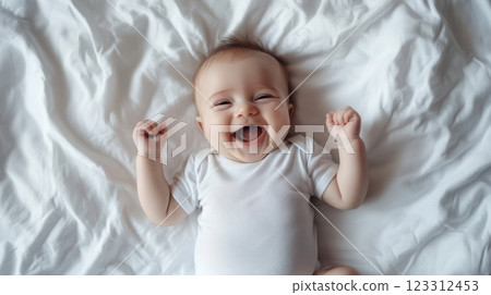 joyful baby lying on a soft white bed laughing and reaching for tiny feet, natural soft lighting, high-detail skin texture, minimalistic background, ultra-realistic photography, concept of childhood, 123312453