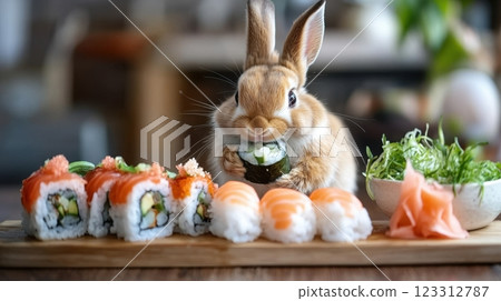an adorable rabbit holding a sushi roll while sitting in front of an elegant sushi platter with fresh ingredients 123312787