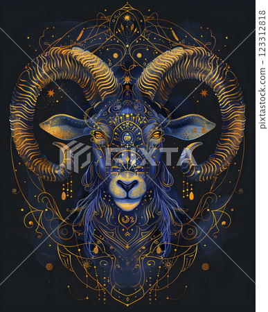 This digital artwork beautifully captures a mystical ram with intricate blue and gold patterns, blending geometric design with animal portrait. It is elegant, exquisite, and vibrant 123312818
