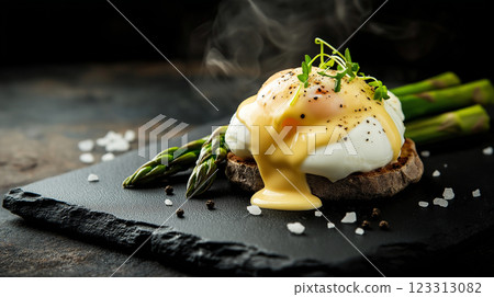 indulgent eggs benedict with poached egg and golden hollandaise sauce on rustic stone plate, fresh asparagus spears, dark slate background, gourmet breakfast, moody food photography 123313082