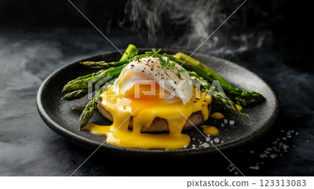 indulgent eggs benedict with poached egg and golden hollandaise sauce on rustic stone plate, fresh asparagus spears, dark slate background, gourmet breakfast, moody food photography 123313083