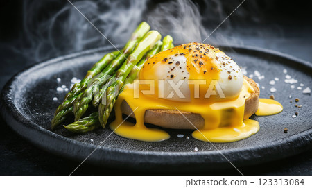 indulgent eggs benedict with poached egg and golden hollandaise sauce on rustic stone plate, fresh asparagus spears, dark slate background, gourmet breakfast, moody food photography indulgent eggs benedict with poached egg and golden hollandaise sauce on rustic stone plate, fresh asparagus spears, dark slate background, gourmet breakfast, moody food photography 123313084