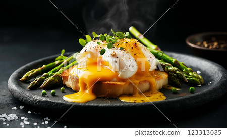 indulgent eggs benedict with poached egg and golden hollandaise sauce on rustic stone plate, fresh asparagus spears, dark slate background, gourmet breakfast, moody food photography indulgent eggs benedict with poached egg and golden hollandaise sauce on rustic stone plate, fresh asparagus spears, dark slate background, gourmet breakfast, moody food photography 123313085