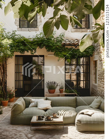 Imagine a lovely Mediterranean patio with green plants, stone walls, and comfortable seating, creating a peaceful outdoor atmosphere with stylish furniture and vibrant colors 123313134