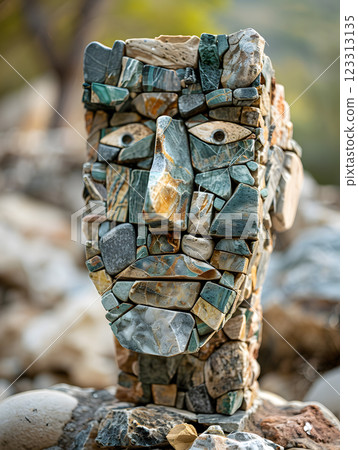 An environmental art piece featuring a statue of a face sculpted from bedrock, sitting atop a pile of rocks in a natural landscape 123313135