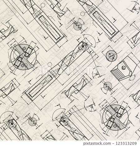 Mechanical engineering drawings on sepia background. Drill tools, borer. Technical Design. Cover. Blueprint. Vector illustration. Seamless pattern. 123313209