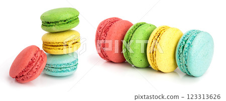 four macaroons isolated on white background closeup 123313626