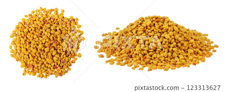 Bee pollen grains isolated on white background. Top view. Flat lay Bee pollen grains isolated on white background. Top view. Flat lay 123313627