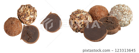 A variety of different truffles Isolated on a white background. Top view. Flat lay. 123313645