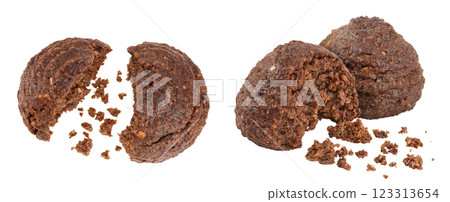 chocolate cookie with kerob, banana, nuts isolated on white background. gluten-free, flour-free. Top view chocolate cookie with kerob, banana, nuts isolated on white background. gluten-free, flour-free. Top view 123313654