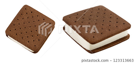 Ice cream sandwich with brown cookies isolated on white background. Top view. Flat lay 123313663