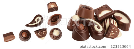 Chocolate candy isolated on white background with full depth of field. Top view with copy space for your text. Flat lay 123313664