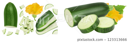 Fresh sliced zucchini isolated on white background. Top view with copy space for your text. Flat lay 123313666