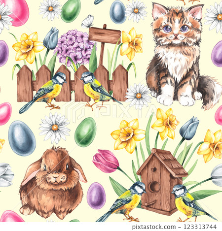 Spring watercolor pattern with Easter eggs and flowers 123313744