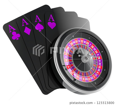 Casino roulette with cards. Casino, gambling and entertainment concept. 3D rendering 123313800