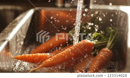 Person Washing Raw Carrots in Modern Kitchen 123314028