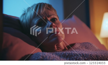 Tired Woman Lying Awake in Bed at Night 123314033