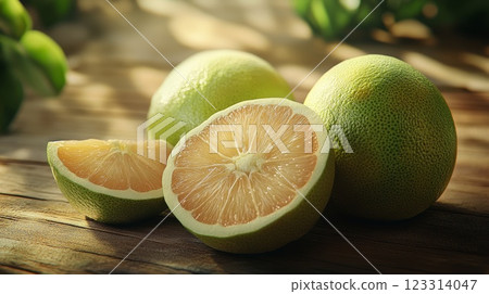 Fresh Green Grapefruits Displayed on Wood 123314047