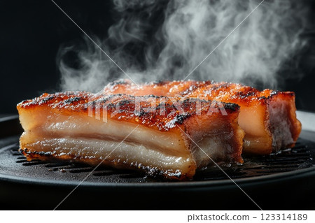 Korean Grilled Pork Belly Sizzling on Hot Grill with Rising Steam 123314189