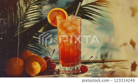 Refreshing citrus cocktail with oranges and cherries in tropical setting in vintage retro style 123314249