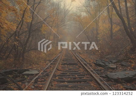 Misty autumn railway through forest with fall foliage and leaves 123314252