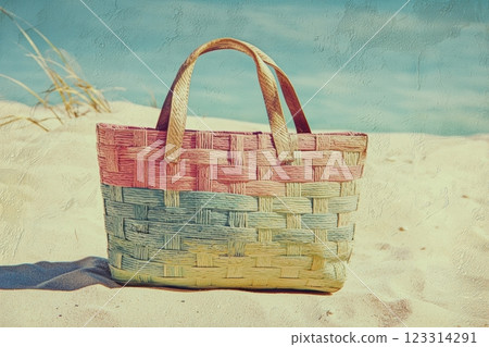 Colorful woven beach bag on sandy shore with ocean background in vintage style 123314291