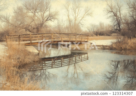 Rustic wooden bridge over tranquil winter river landscape in vintage postcard style 123314307