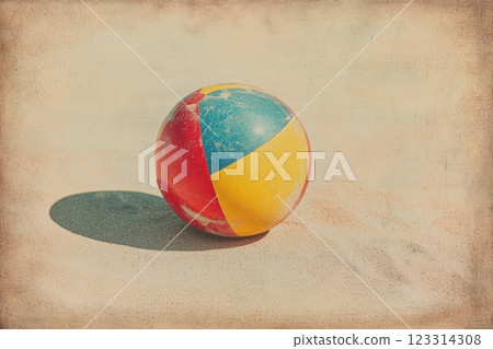 Vintage beach ball with colorful segments on sandy beach surface 123314308