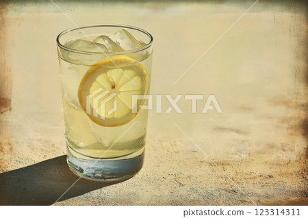 Refreshing glass of lemonade with ice and lemon slice on rustic background in vintage postcard style Refreshing glass of lemonade with ice and lemon slice on rustic background in vintage postcard style 123314311