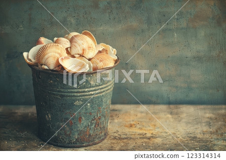 Vintage rusty bucket filled with assorted sea shells against textured background 123314314