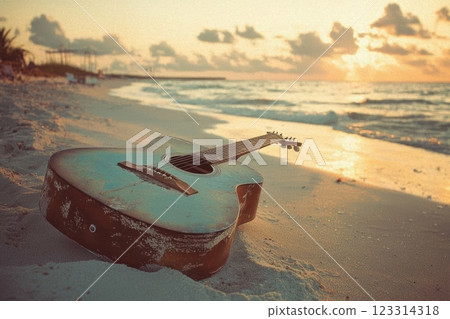 Acoustic guitar on sandy beach with ocean waves at sunset reflecting harmony in vintage postcard style 123314318