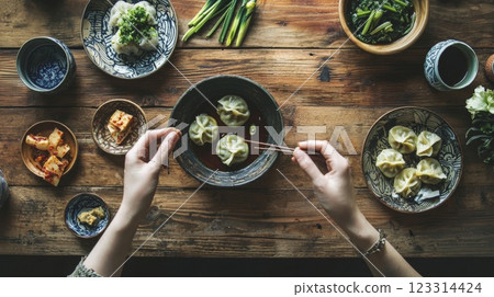 Korean Table Setting with Mandu and Soy Sauce Korean Table Setting with Mandu and Soy Sauce 123314424