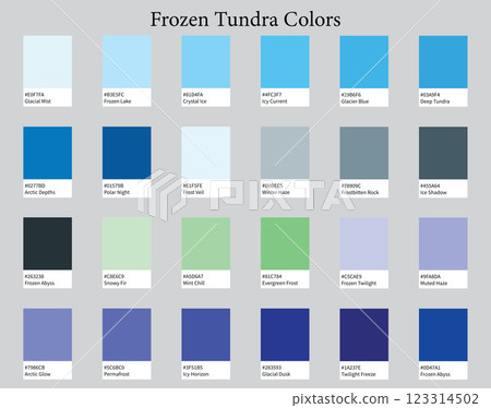 Color Palettes 24 Cool Colours of Frozen Tundra - Icey, Muted, Grey, Pastel Colors - with HEX Codes and Names, Colour Scheme and Combinations 123314502