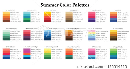 Color Palettes 18x5 Swatches Summer - Cool, Warm, Neutral, Bright, Soft, Mix Colors - with HEX Codes and Names, Colour Scheme and Combinations 123314513