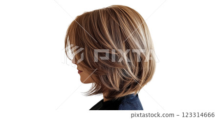 Profile view of woman with layered brown bob hairstyle isolated on transparent background 123314666