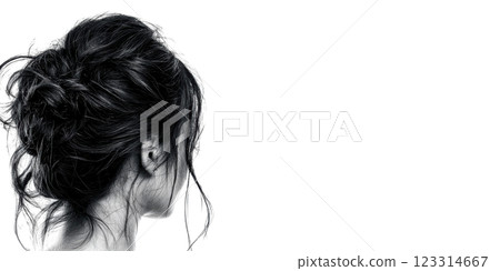 Woman with Hair Styled in a Bun, Viewed from the Back, Isolated Background 123314667