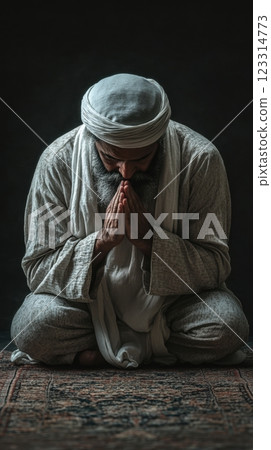 Elderly Muslim man in traditional attire sitting on ornate carpet, hands pressed together in deep meditation on dark background. 123314773