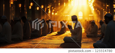 Man dressed in white sitting in prayerful contemplation in dimly lit mosque filled with golden lanterns. Concept of Ramadan, peaceful worship. Man dressed in white sitting in prayerful contemplation in dimly lit mosque filled with golden lanterns. Concept of Ramadan, peaceful worship. 123314780