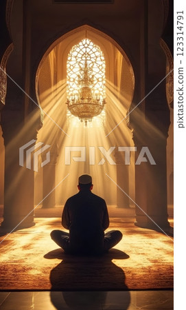 Silhouetted man meditating in grand mosque as golden light filters through intricately designed chandelier, casting long shadows. Concept of Ramadan, religion. 123314791