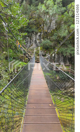 Suspended footbridge at Rio de Mouros pathway in Condeixa 123314866